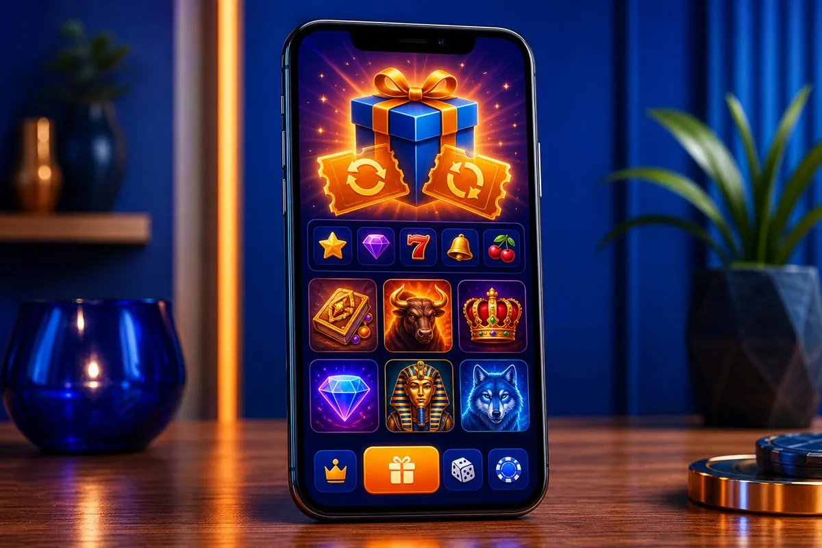 Phone showing a casino bonus screen with free spins