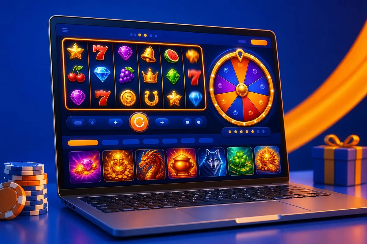 Laptop showing a slot game with a bonus wheel